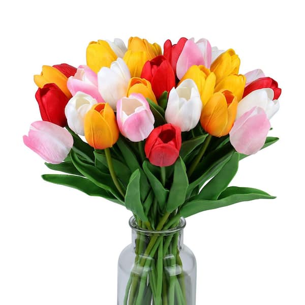 15 14 in. Multi-Colored Artificial Tulips, Made of Realistic PU Material, Perfect for Interior Decoration White