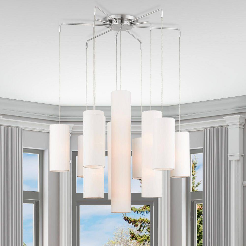 Strathmore Brushed Nickel 15-Light Tiered Foyer Chandelier with Off-White Shades