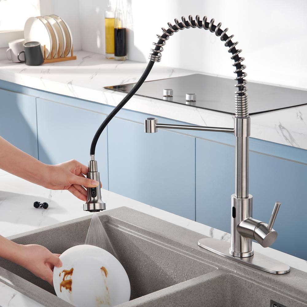 Brushed Nickel Touchless Pull-Down Kitchen Faucet with Spray