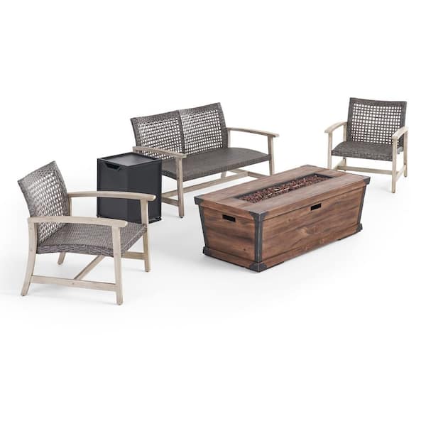 Noble House Azalea Light Grey 5-Piece Wood Patio Fire Pit Seating Set
