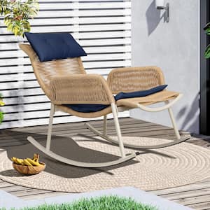 Wicker Outdoor Rocking Chair Lounge Chair with Dark Blue Cushion