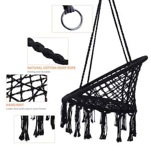 24 in. 1-Person Black Cotton Rope Metal Patio Swing Chair