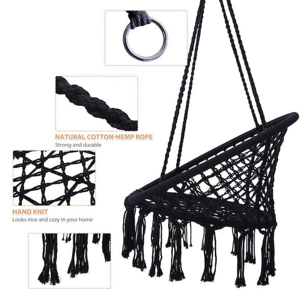 24 in. 1-Person Black Cotton Rope Metal Patio Swing Chair