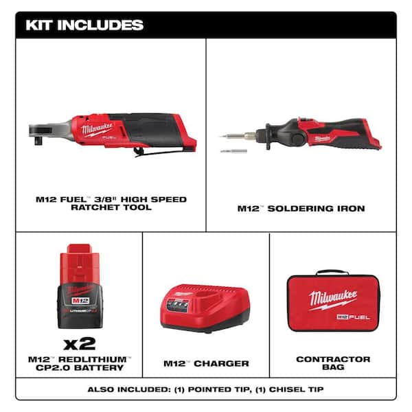 M12 FUEL 12V Lithium-Ion Brushless High Speed 3/8 in. Cordless Ratchet Kit w/(2) Batteries, Charger,Bag & Soldering Iron