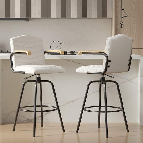 Barstools with Backs and Arms Set of 2, White Style 2 Counter Height Barstool Set with Tufted Upholstery, Footrest Ring
