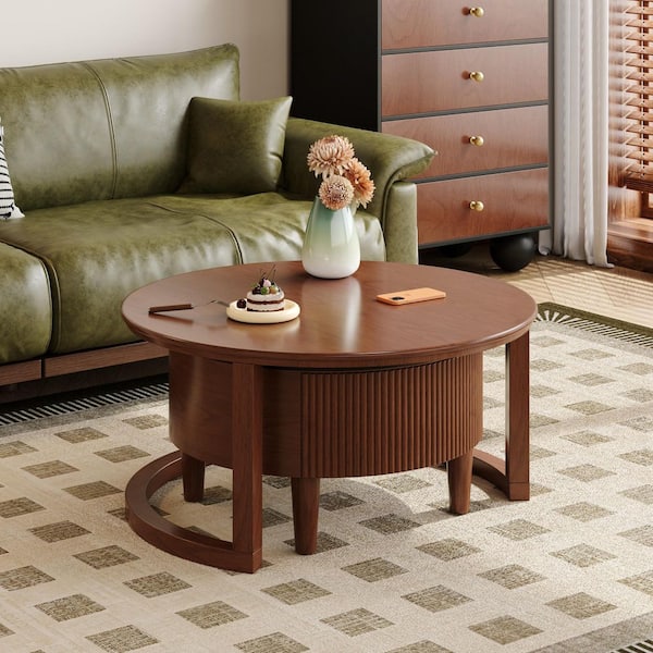 Aloysius Vintage 45.5 in. Walnut Round Wood Nesting Coffee Table with Fluted Drawer