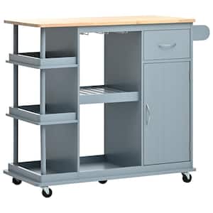 Blue Rubber Wood Kitchen Cart with Wine Cup Holder Adjustable Shelf, Shelves and Lockable Wheels