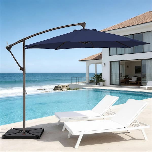 Curvy 10 ft. Steel Large Cantilever Patio Umbrella with Cross Base in Navy
