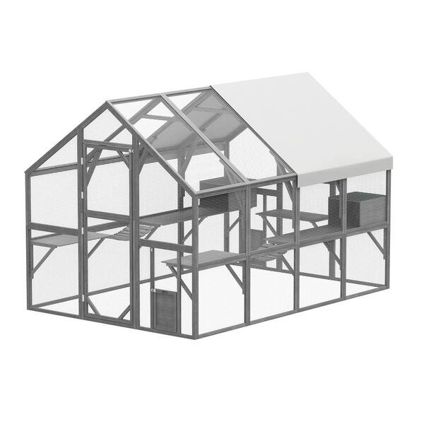 FUFU&GAGA Large Wooden Outdoor Cat House 57.2 sq. ft. Cat Run Enclosure Walk in Cat Catio Kitten