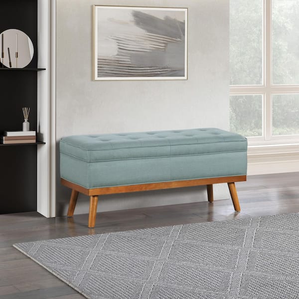 OSP Home Furnishings Katheryn Sea Blue Fabric 43.5 in. Storage Bedroom Bench with Spice Finish Legs