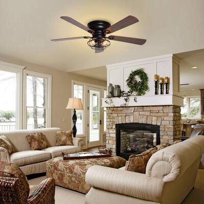 48 in. Indoor Black Flush Mounted Ceiling Fan with Light and Remote Control