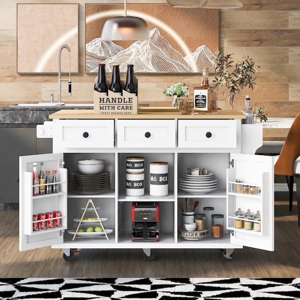 White Rubberwood Drop-Leaf Countertop 53.1 in. Kitchen Island Cart with Cabinet Door Internal Storage Racks and 3-Drawer