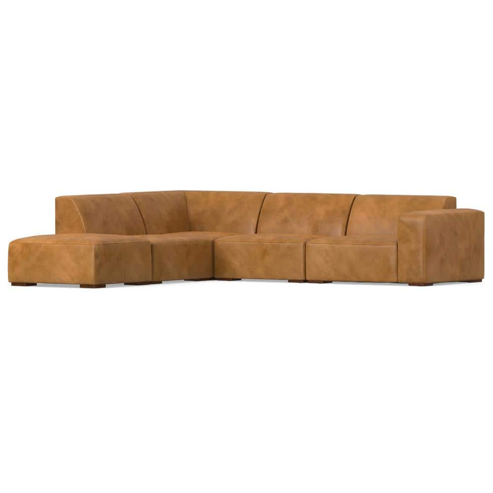 Simpli Home Rex 116 in. Straight Arm Genuine Leather L-Shaped Left Corner Sectional Modular Sofa with Ottoman in Sienna