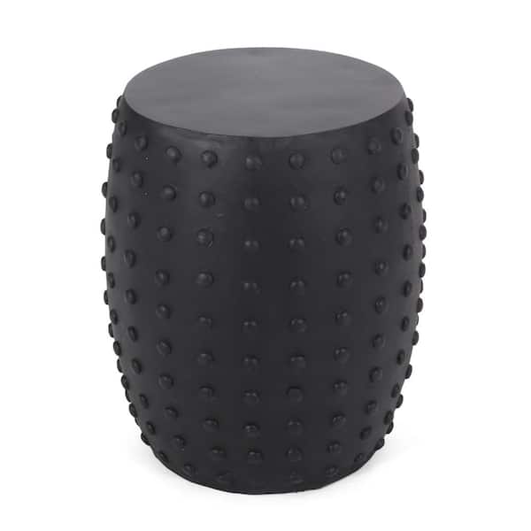 18 in. Matte Black Portable Outdoor Concrete Side Table with Barrel Structure and Studded Design, Modern Accent Table