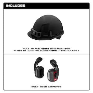 BOLT Black Type 1 Class E Front Brim Non Vented Hard Hat w/4 Point Ratcheting Suspension W/BOLT HP Cap Mounted Ear Muffs