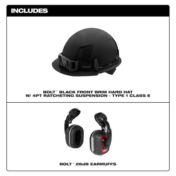 BOLT Black Type 1 Class E Front Brim Non Vented Hard Hat w/4 Point Ratcheting Suspension W/BOLT HP Cap Mounted Ear Muffs