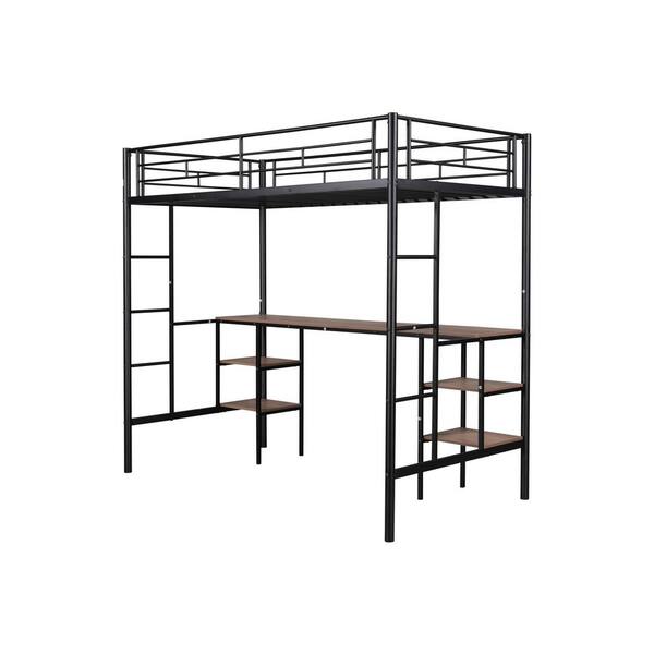 FORCLOVER Black Twin Metal Loft Bed with Desk and Shelves CHOEFC30