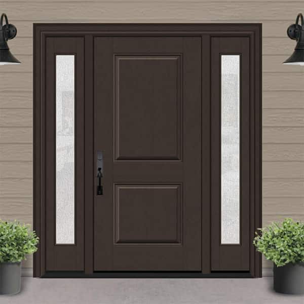 Regency 64 in. x 80 in. 2P Squaretop RHIS Hickory Stain Mahogany Fiberglass Prehung Front Door with Rain12in. SLs 6-9/16