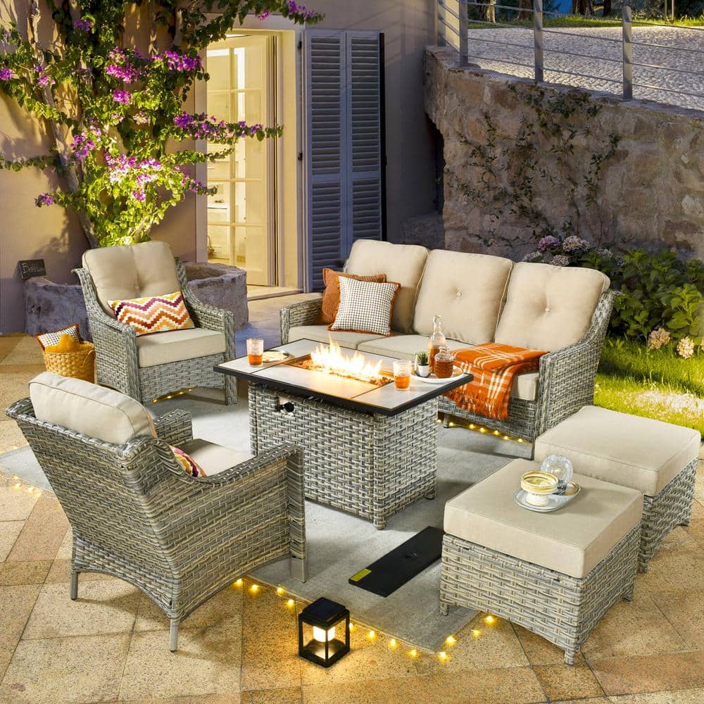 Tulip C Gray 6-Piece Wicker Patio Rectangular Fire Pit Conversation Sofa Set with Beige Cushions price history on PriceWatchPro
