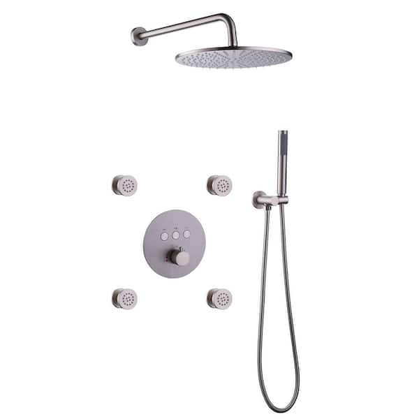 FLG Single Handle 1-Spray Shower Faucet 1.8 GPM with Anti Scald Wall Mount Shower System with Body Sprayer in Brushed Nickel