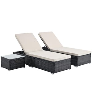 3-Piece Brown Wicker Outdoor Chaise Lounge with Beige Cushions with Elegant Reclining Adjustable Backrest