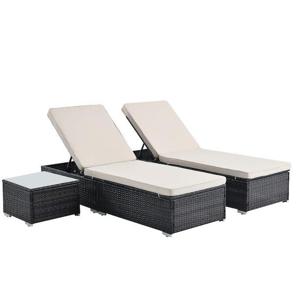 Tenleaf 3-Piece Brown Wicker Outdoor Chaise Lounge with Beige Cushions with Elegant Reclining Adjustable Backrest