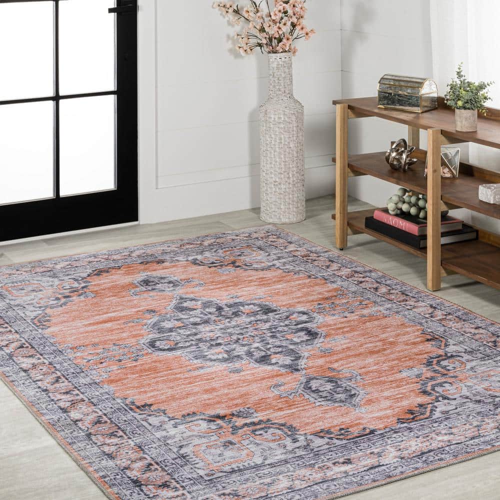 Wincer Chenille Medallion Washable Orange and Gray 5'3" x 7'7" Area Rug