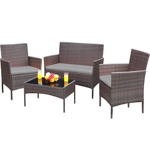 Brown 4-Pieces Wicker Outdoor Patio Furniture Sets Rattan Chair Wicker Set with Gray Cushion