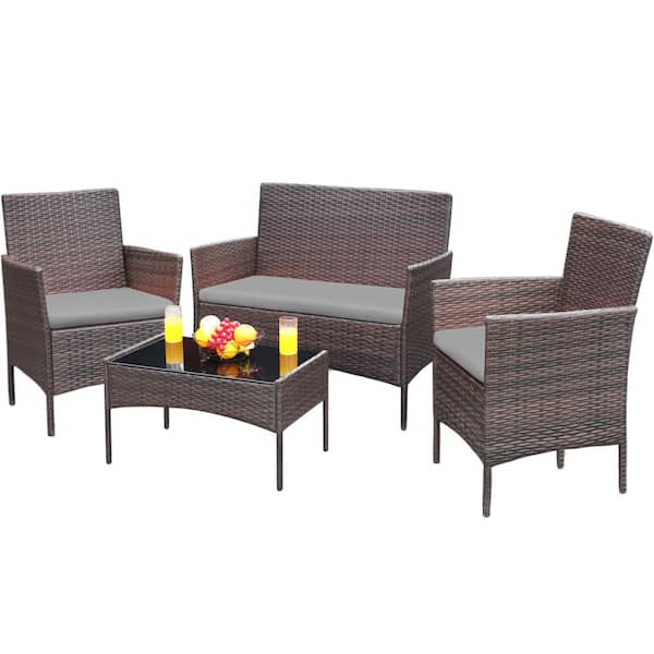 Tozey Brown 4-Pieces Wicker Outdoor Patio Furniture Sets Rattan Chair Wicker Set with Gray Cushion