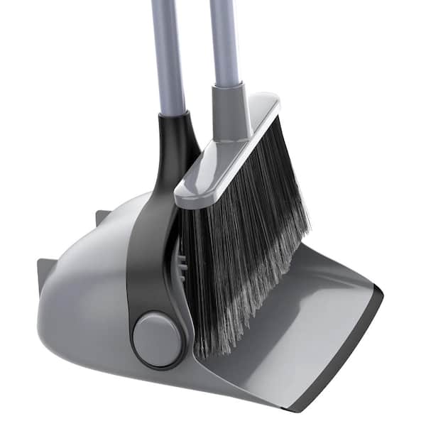 Broom and Dustpan Set,Stainless Steel Poles Stand Upright Dustpans with Broom Combo for Home Office,Gray