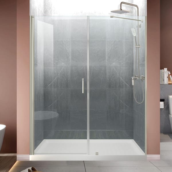 Lonni 60 in. to 60 9/16 in. x 72 in. Frameless Pivoting Shower Door in Brushed Nickel with Clear Glass