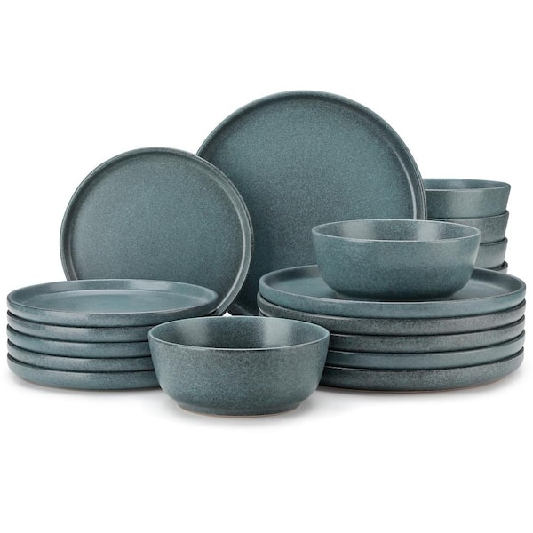 Stoneware Dinnerware Set for 6, 18-Piece: 10.25 in Plates, 8 in Plates, 26 oz Bowls, Smoky Teal, ZERMATT
