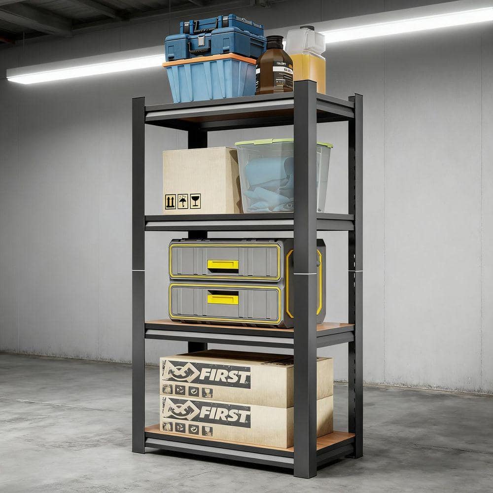 4-Shelf Metal Storage Rack, Heavy Duty Shelving Unit with Wooden Adjustable Shelf for Kitchen Garage Supermarket