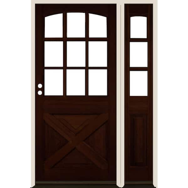 Krosswood Doors 50 in. x 80 in. Farmhouse X Panel RH 1/2 Lite Clear Glass Red Mahogany Stain Hemlock Wood Prehung Front Door with RSL