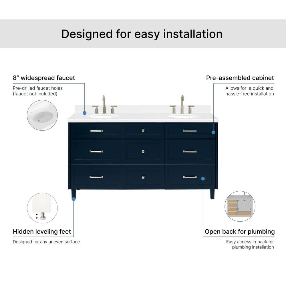 Monroe 66" Midnight Blue Double Sink Vanity with Carrara White Quartz Top