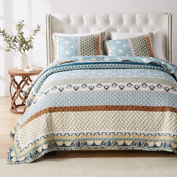 Greenland Home Fashions Thalia Floral Blue 3-Piece Cotton King/Cal King Quilt Set