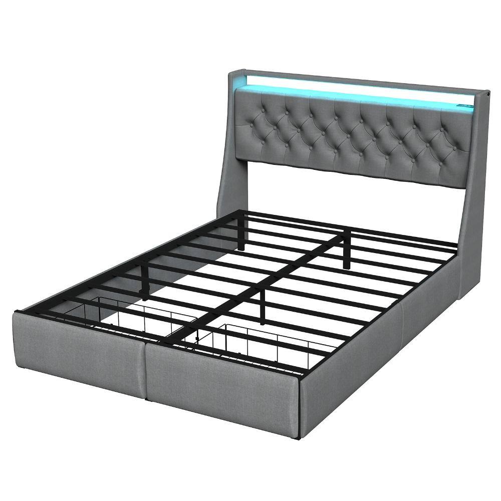 Grey Metal Queen Platform Bed Frame with Tufted Linen Headboard, Drawers, RGB LED & Charging Station