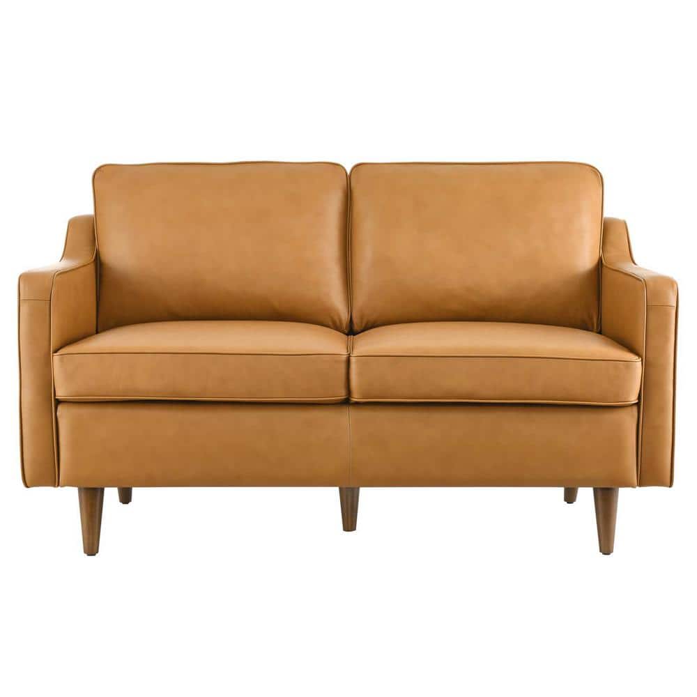 Tan Genuine Leather Split Back Loveseat with Track Arms
