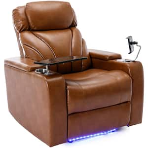 Light Brown PU Home Theater Power Recliner with Storage USB Charging Port Stereo Tray Table and Phone Holder