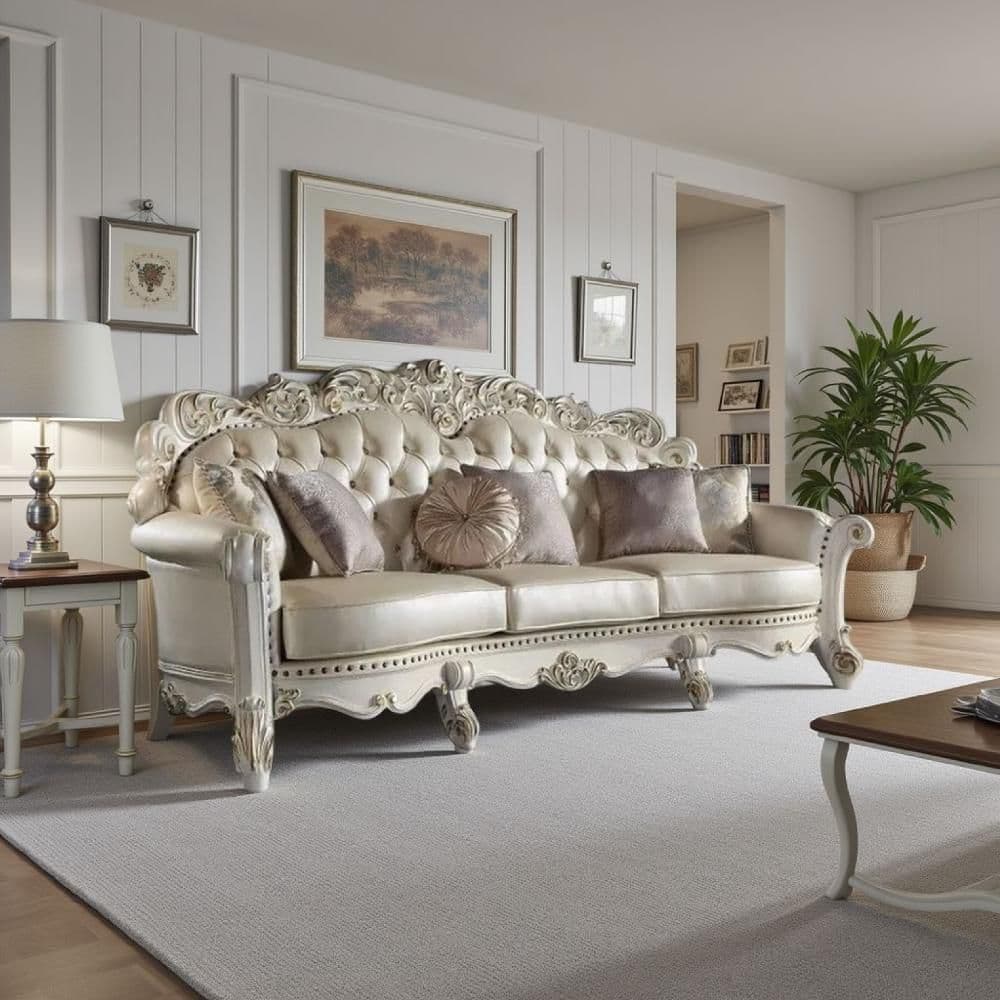 Antoine 42 in. Straight Arm Faux Leather Rectangle Sofa in Champagne and Pearl White price history on PriceWatchPro