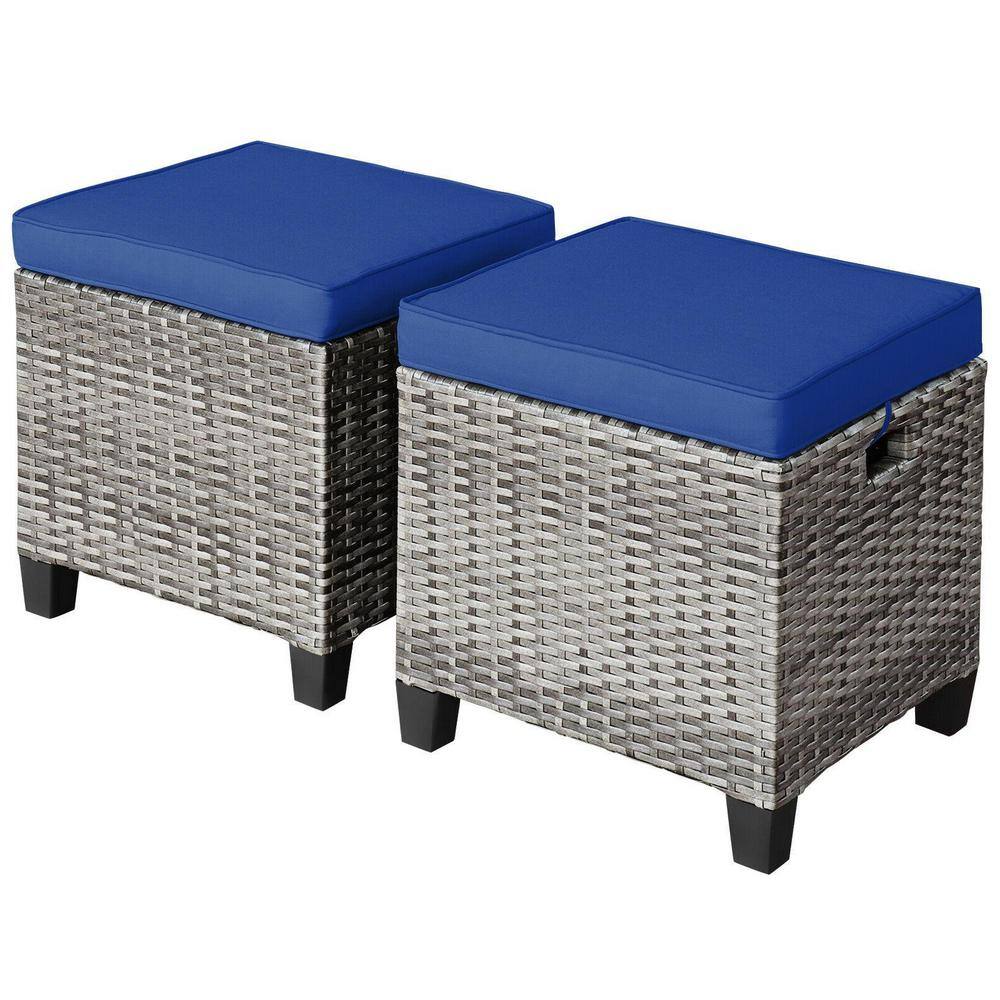 Mix Gray Steel Frame Outdoor Ottomans with Navy Cushions, 2 Pack