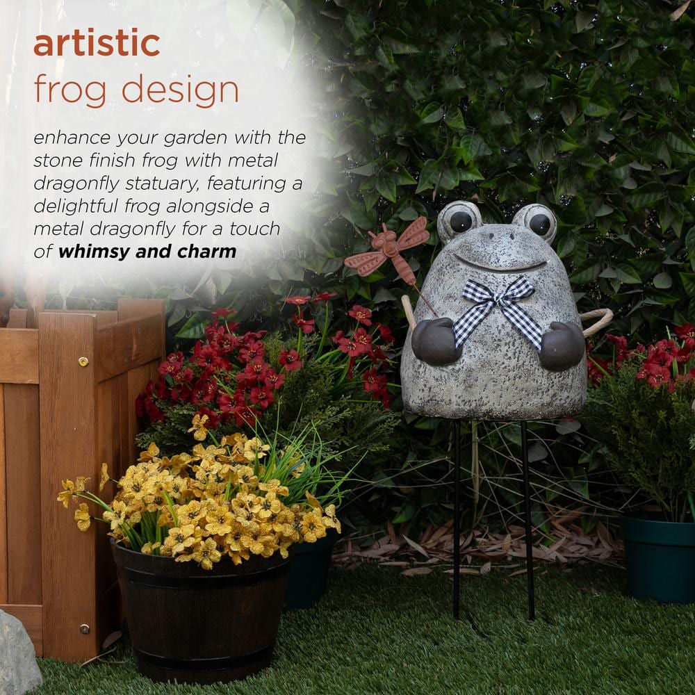 24" Stone Finish Frog with Metal Dragonfly Garden Statue