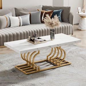 Kerlin 47 in. Gold Rectangle Faux Marble Coffee Table with Geometric Frame, Modern Cocktail Table Center Tea Table