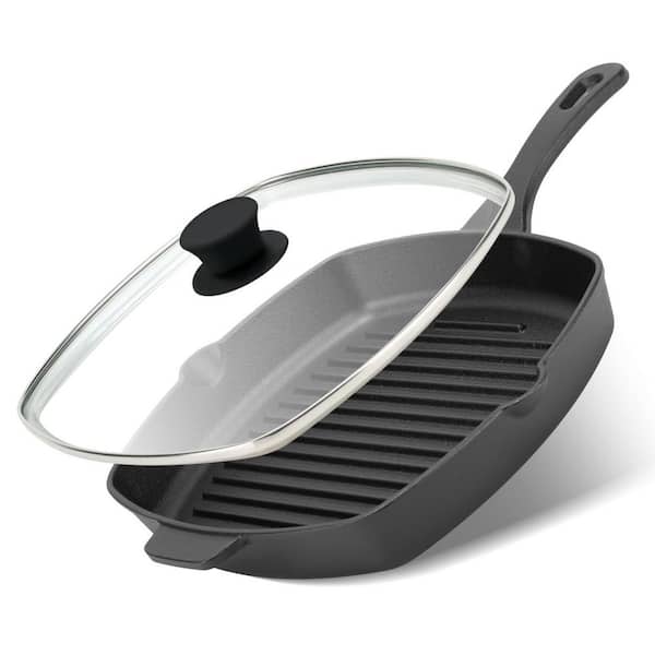 10.5 in. Cast Iron Square Grill Pan with Tempered Glass Lid, Heavy Steak and Bacon Pans, Electric Stovetop Compatible
