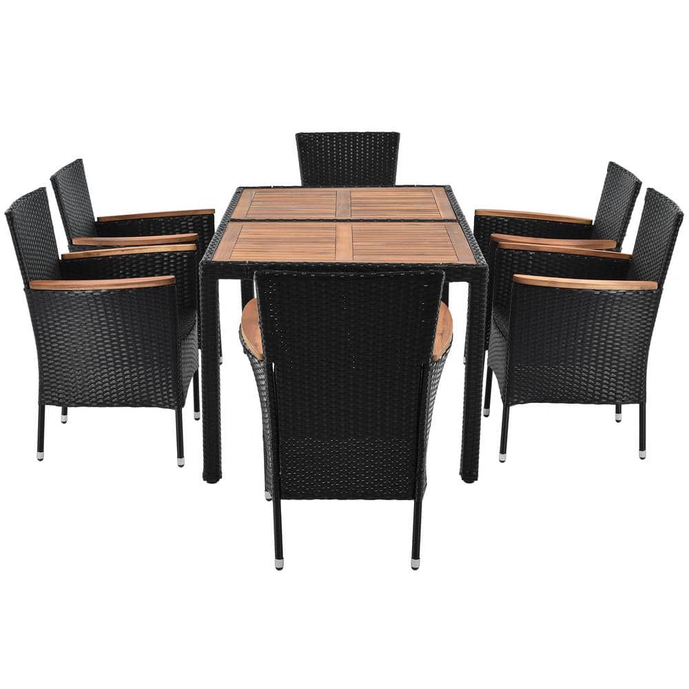 7-Piece PE Rattan Wicker Outdoor Dining Set with Beige Cushion and Stackabl