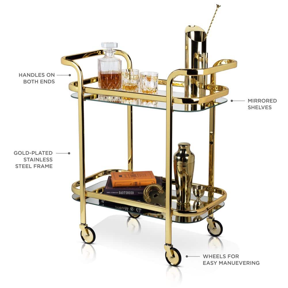 Belmont Polished Gold Stainless Steel Bar Cart with Glass Shelves