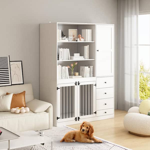 FUFU&GAGA Dog House Furniture Style Dog Crate Storage Cabinet, Large Dog Crate with Dog Bowl, 1-Cabinet, 3-Shelves 4-Drawers White