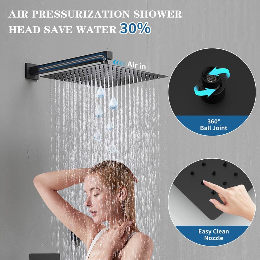 Matte Black 12-Inch Stainless Steel Multi-Head Wall Mounted Shower System