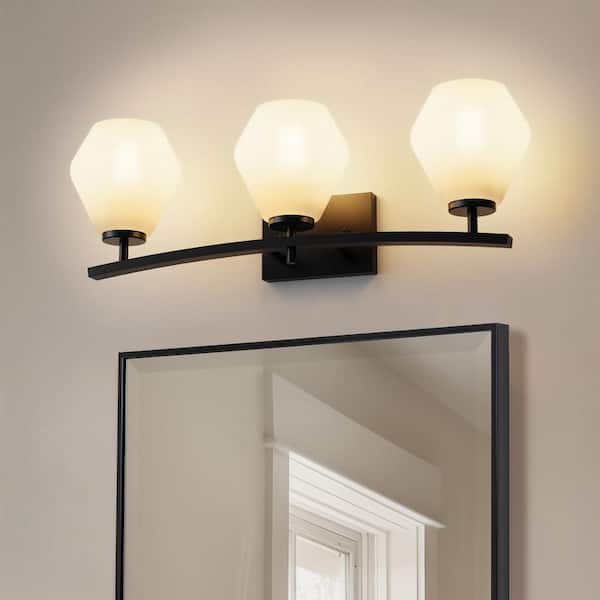 YANSUN 25 in. 3-Light Black Vanity Light with Cone White Glass Shades for Bathroom, Living Room, Entryway