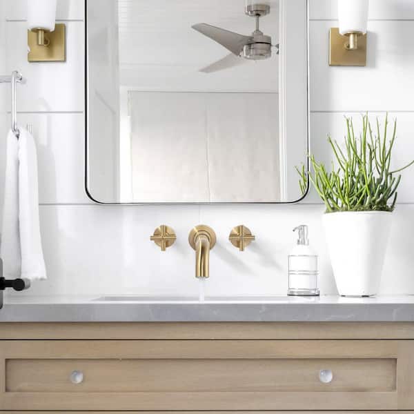 Double Handle Wall Mounted Bathroom Faucet with Brass Rough in Valve and Lever Handle in Gold